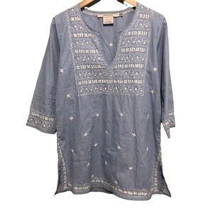 Gretchen Scott Designs Blue and White Embroidered Tunic Top